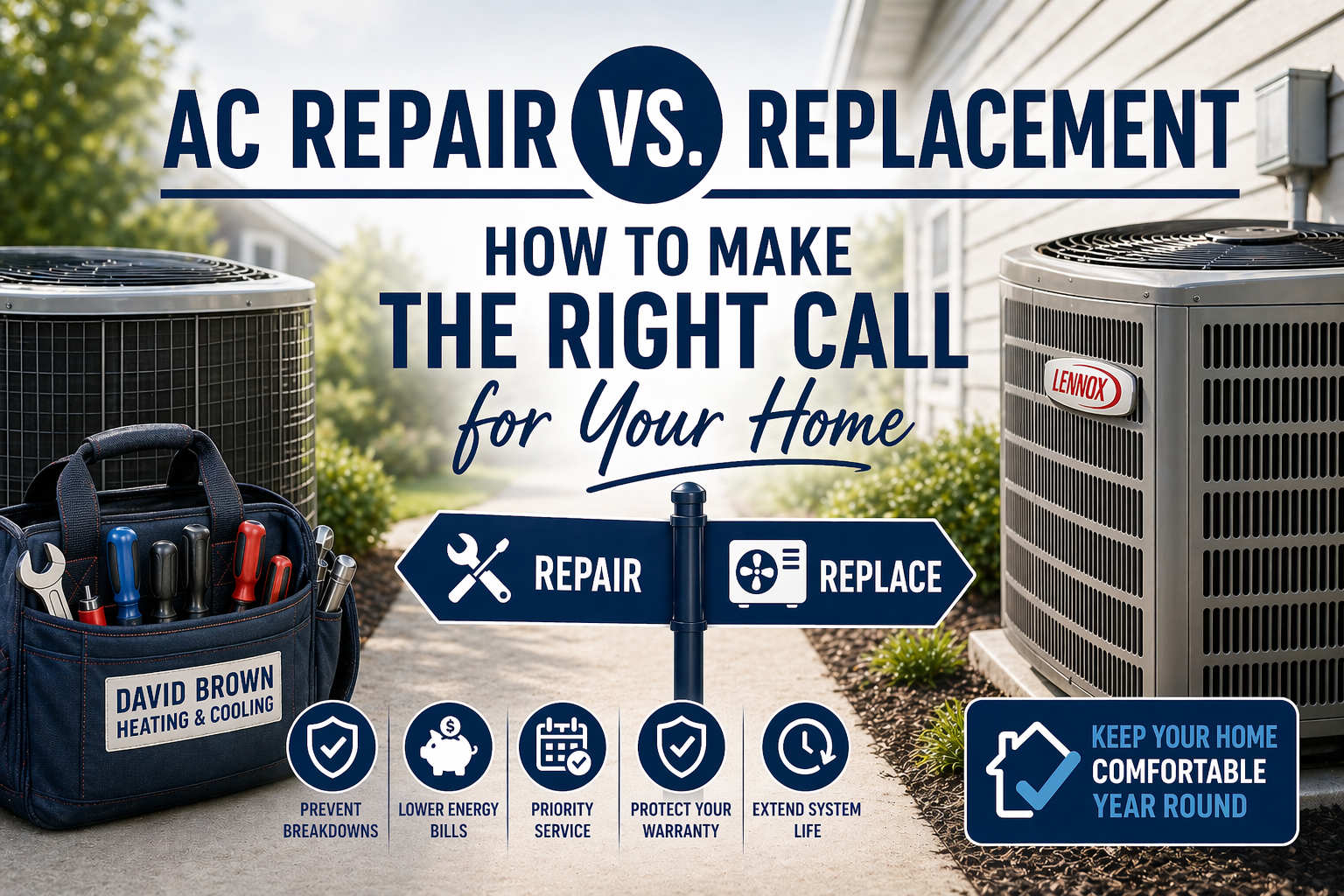 ac-repair-vs-replacement-guide-simcoe-county A comparison graphic for AC repair vs replacement featuring two air conditioning units, a professional tool bag, and icons for energy savings and system life.