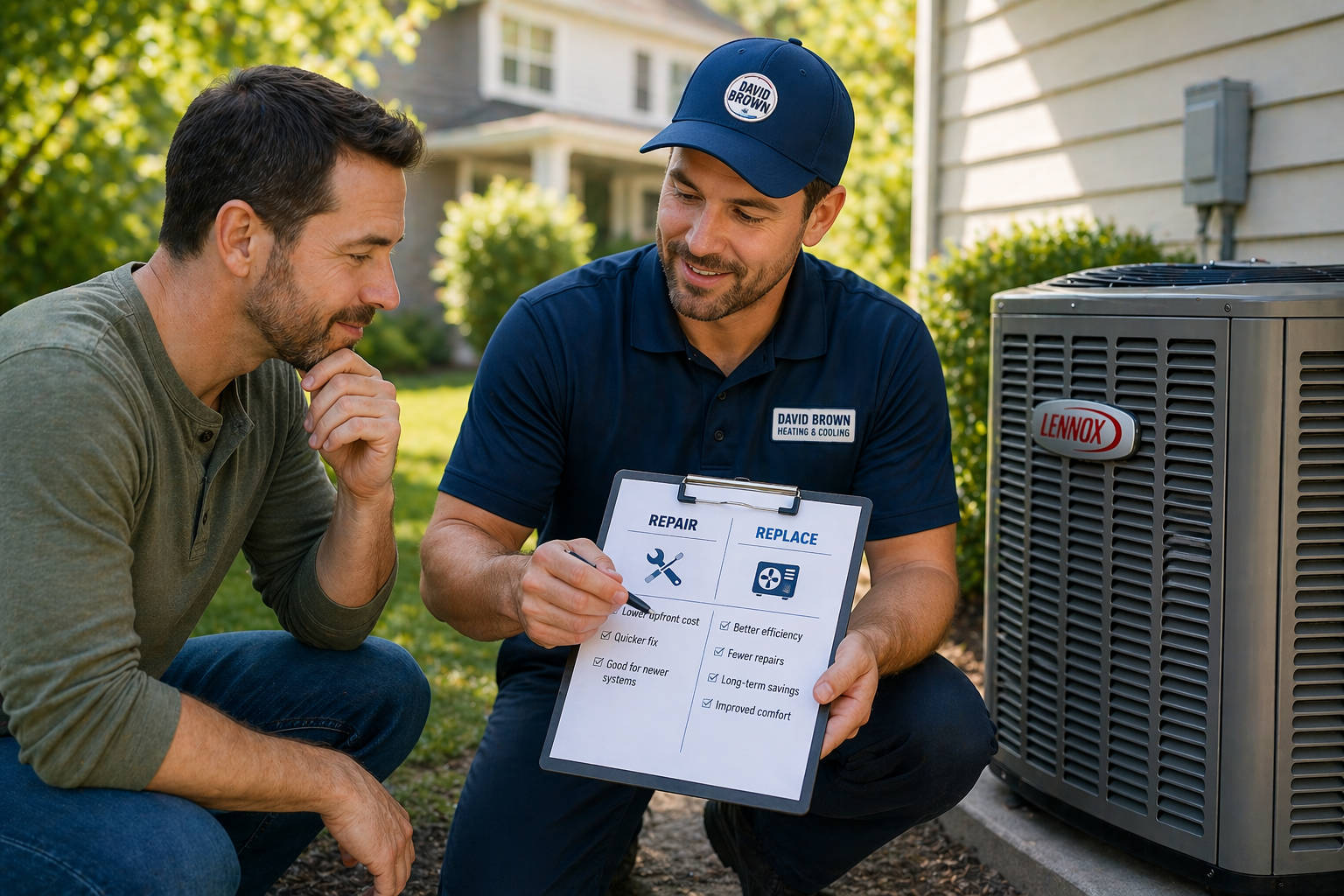 A David Brown Heating & Cooling technician showing a homeowner a comparison clipboard detailing the benefits of AC repair versus replacement.
