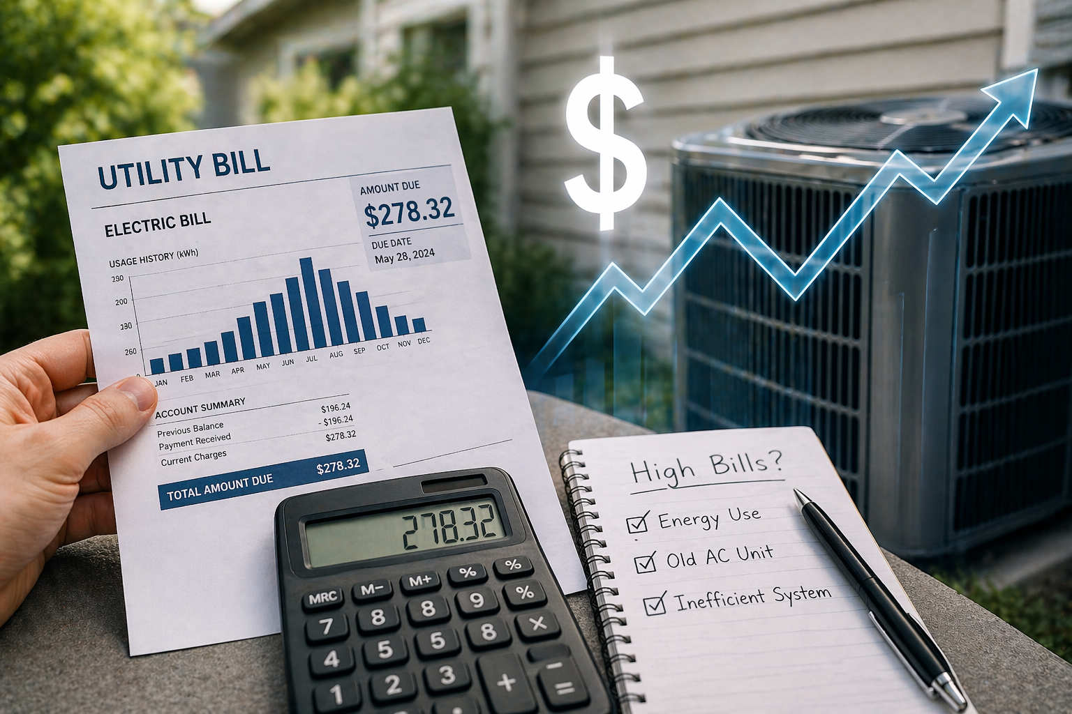 A hand holding a high electric utility bill next to a notebook with a checklist for energy use, old AC units, and inefficient systems.