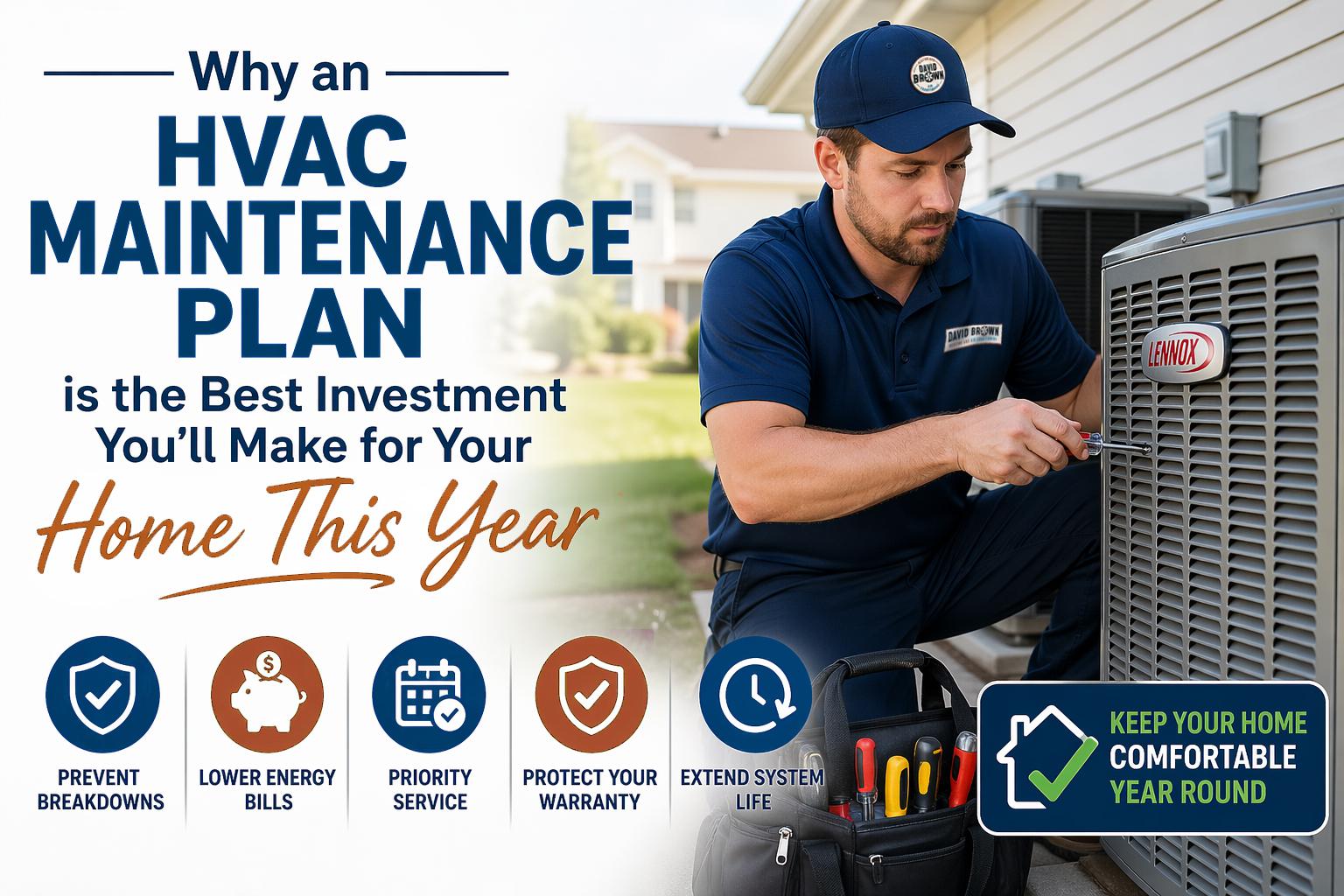 hvac-maintenance-plan-benefits-barrie A professional HVAC technician from David Brown Heating & Cooling servicing an outdoor Lennox air conditioning unit. Icons below highlight benefits: prevent breakdowns, lower energy bills, priority service, protect warranty, and extend system life.