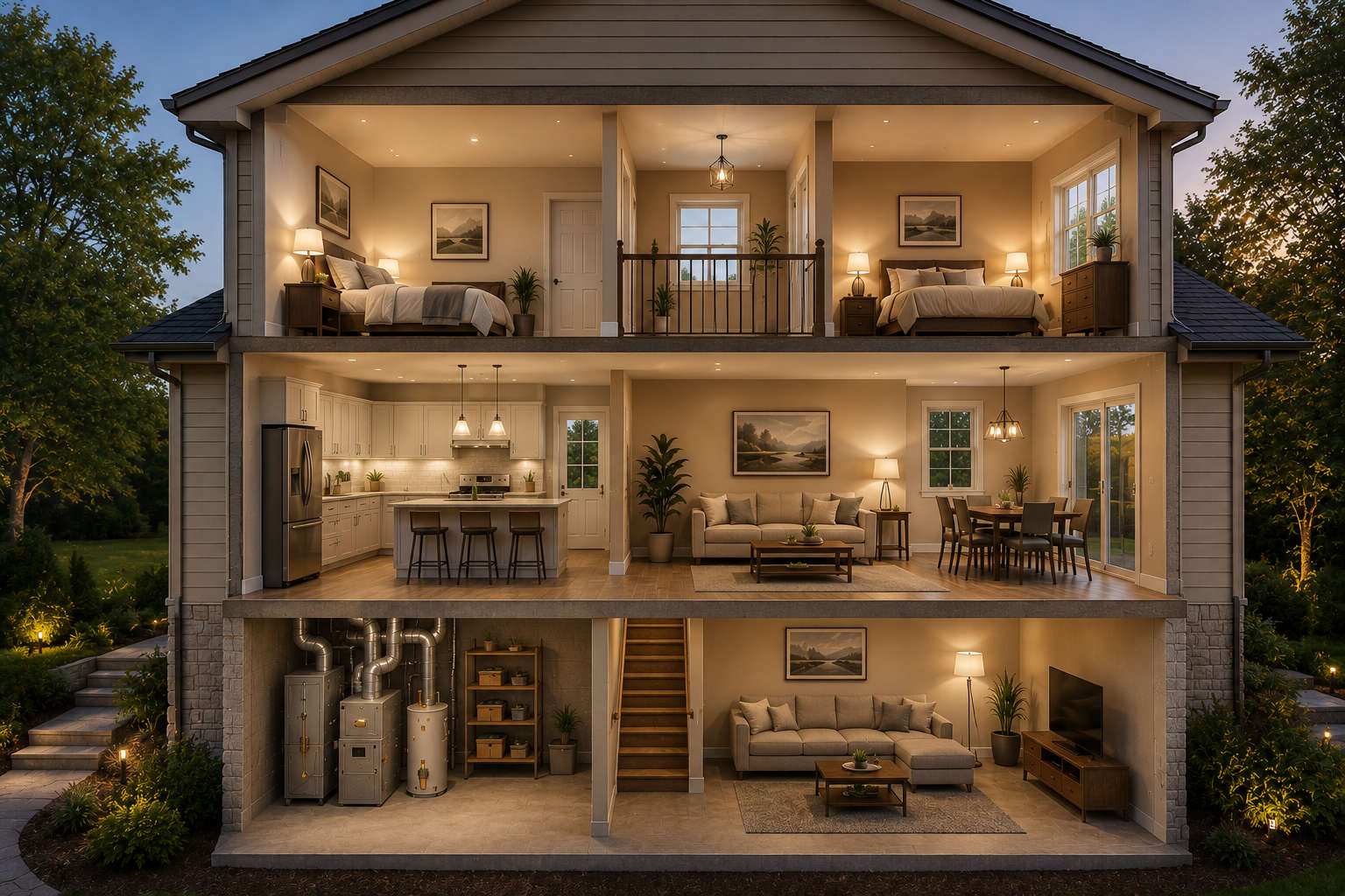 A beautifully lit cross-section of a two-story house with a basement furnace, illustrating perfectly balanced and comfortable airflow throughout every room.