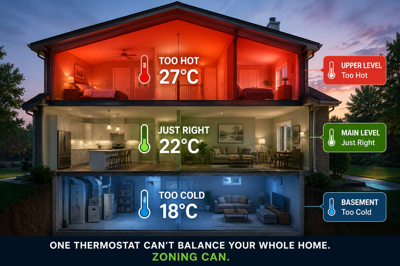 hvac-zoning-system-home-temperature-imbalance A cross-section diagram of a two-story Ontario home showing uneven temperatures with a single thermostat: a hot upper level at 27°C, a comfortable main floor at 22°C, and a cold basement at 18°C.