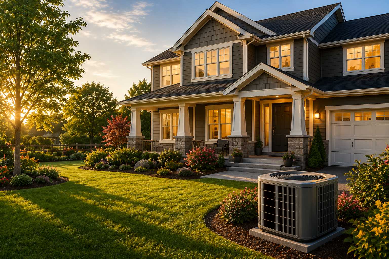 A large, modern two-story Ontario home during sunset with a high-efficiency central air conditioning unit running in the front yard.