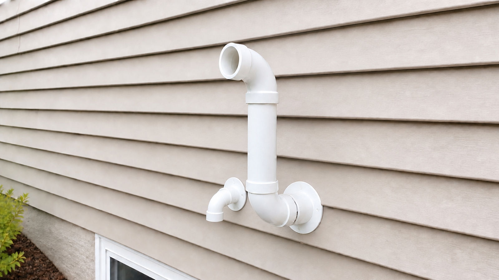 White PVC intake and exhaust termination pipes installed on the exterior vinyl siding of a home for high-efficiency furnace venting.