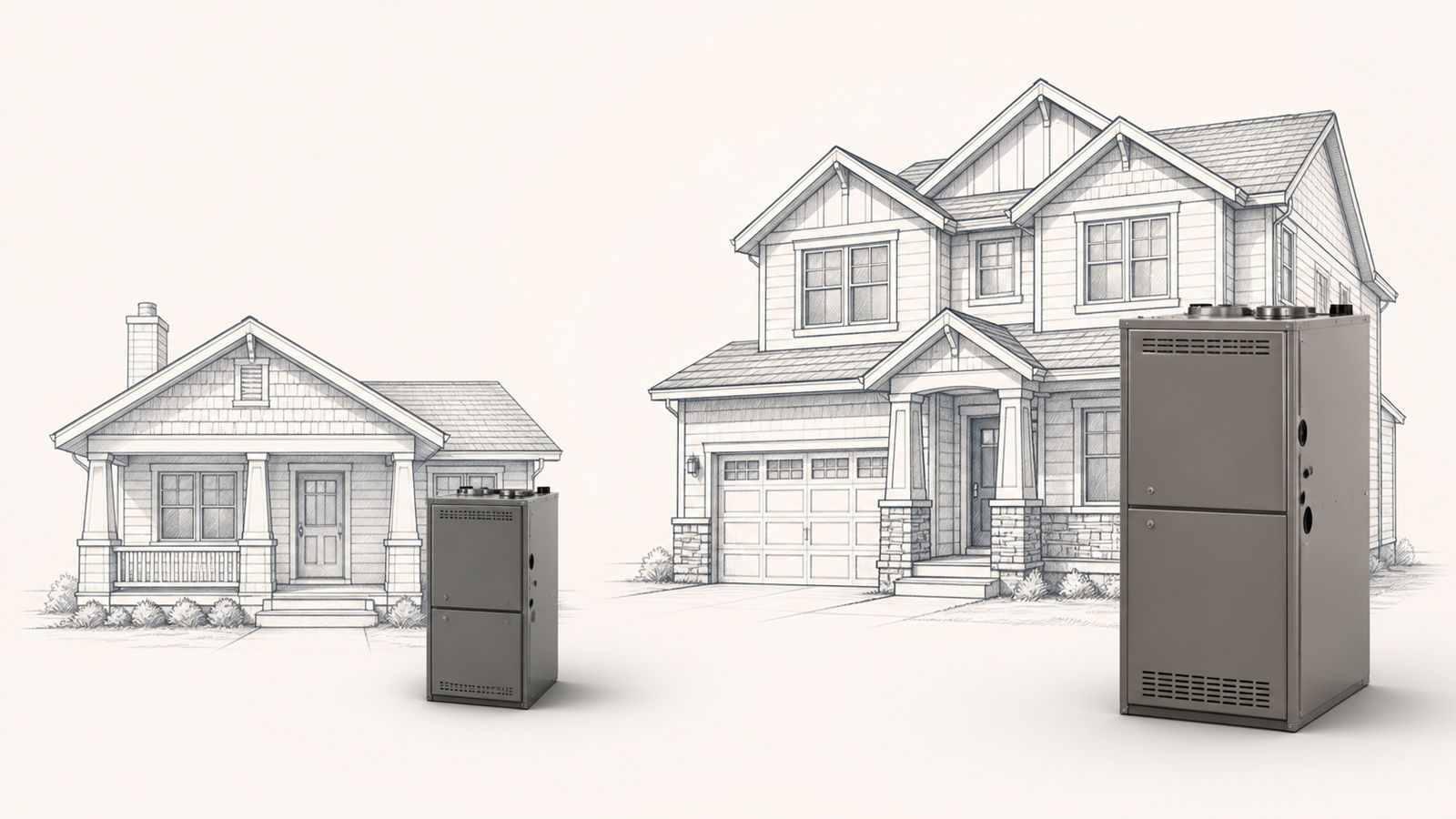 Architectural line drawing comparing a small bungalow and a large two-story house with corresponding sized furnaces to illustrate BTU heating capacity.