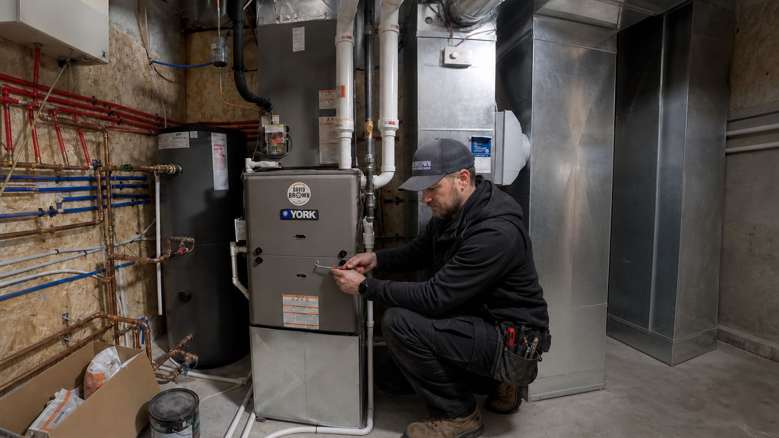 ontario-hvac-technician-installing-new-york-furnace HVAC technician in black work clothes servicing a new York high-efficiency gas furnace in a utility room.