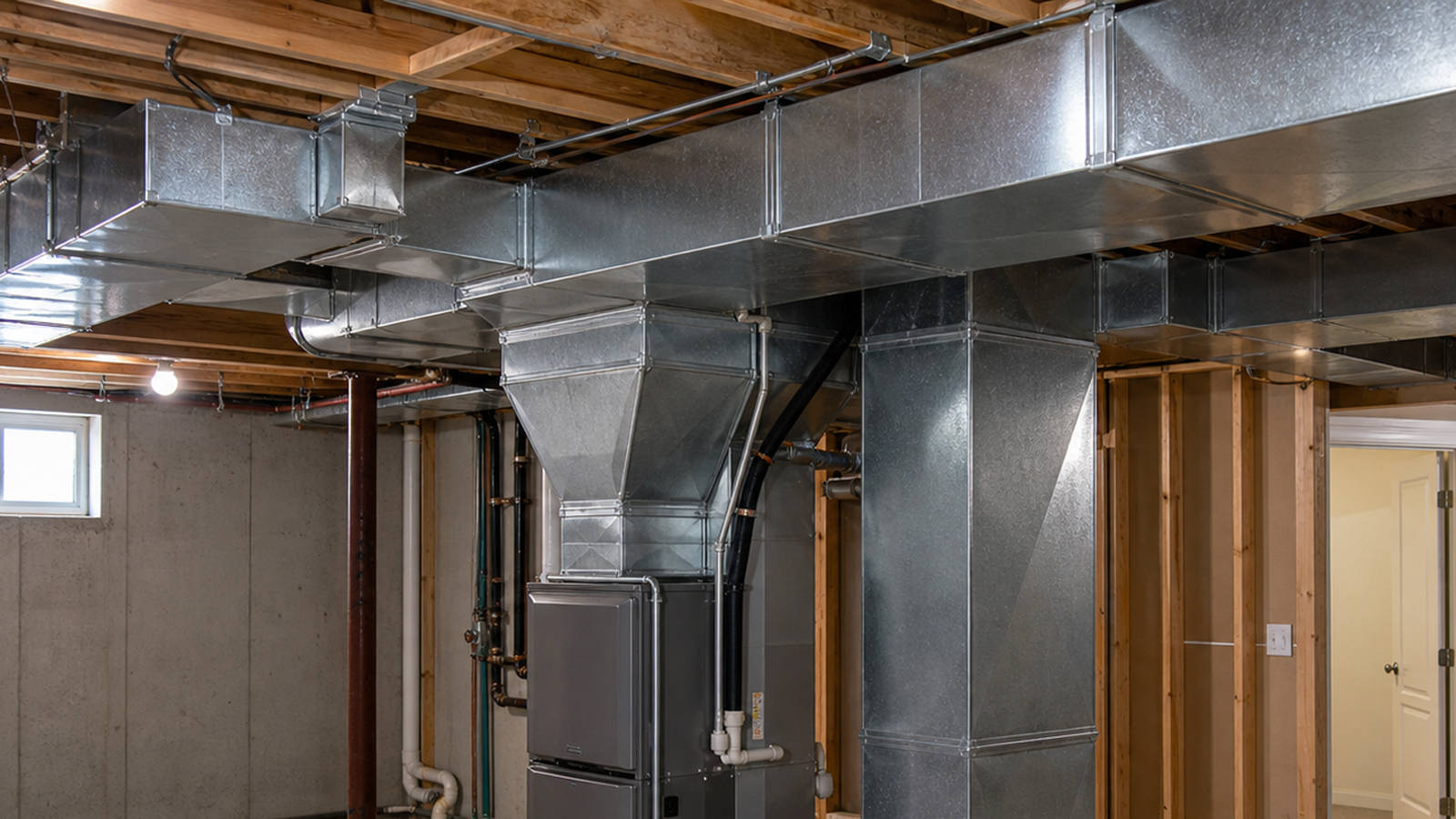 Newly installed furnace connected to custom sheet metal ductwork and return air drop in an unfinished basement.
