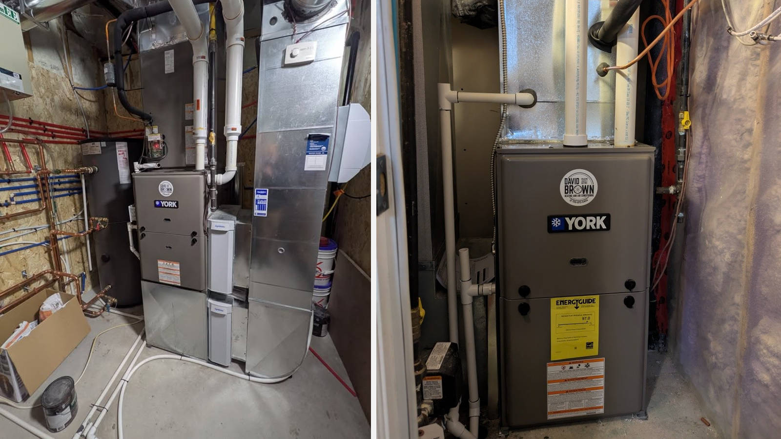 Side-by-side comparison of complete York high-efficiency furnace installations showing custom ductwork, gas lines, and PVC venting pipes.