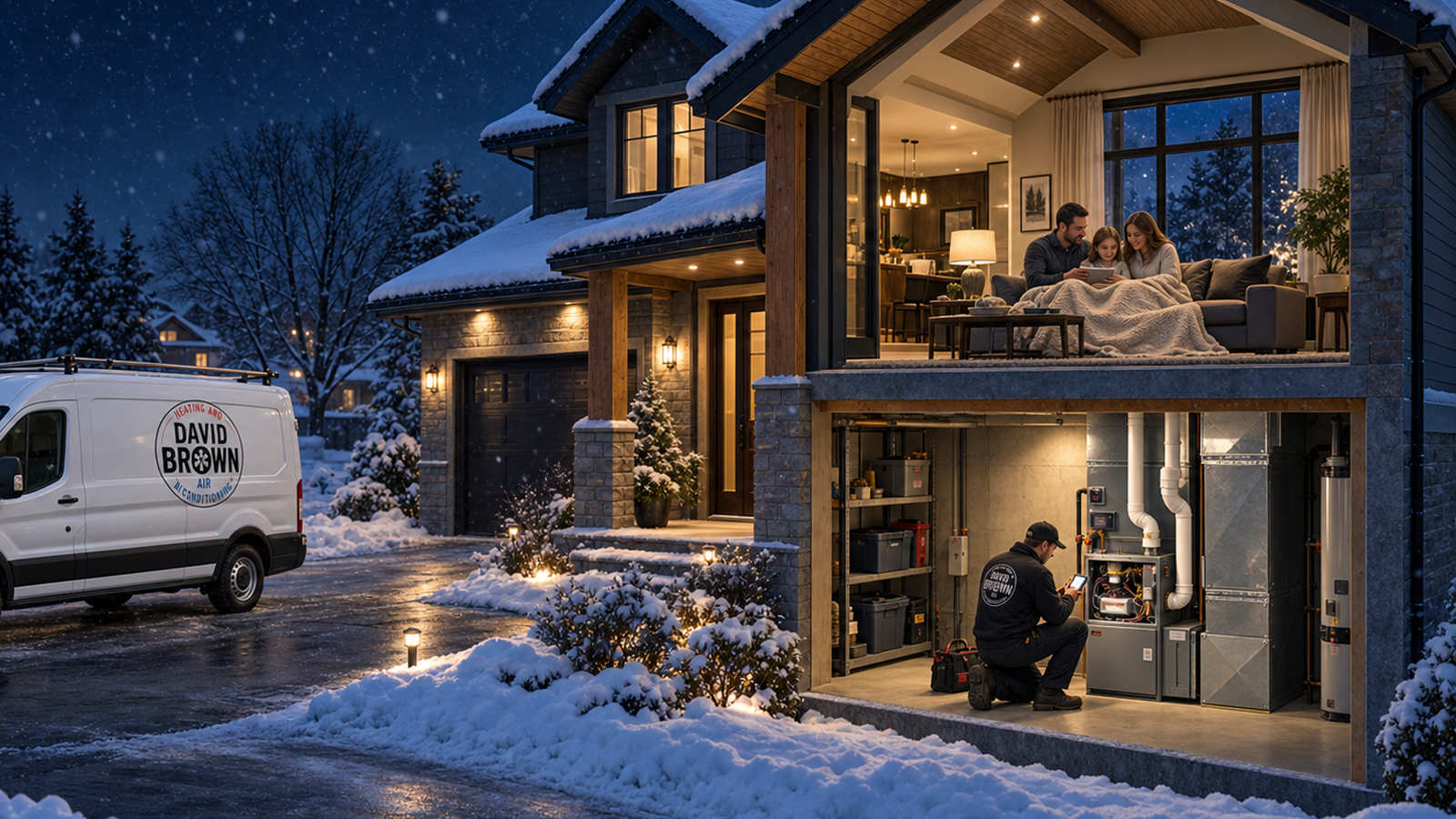 A Dave Brown Heating & Cooling service technician servicing a basement furnace in a home during a snowy Ontario winter evening.