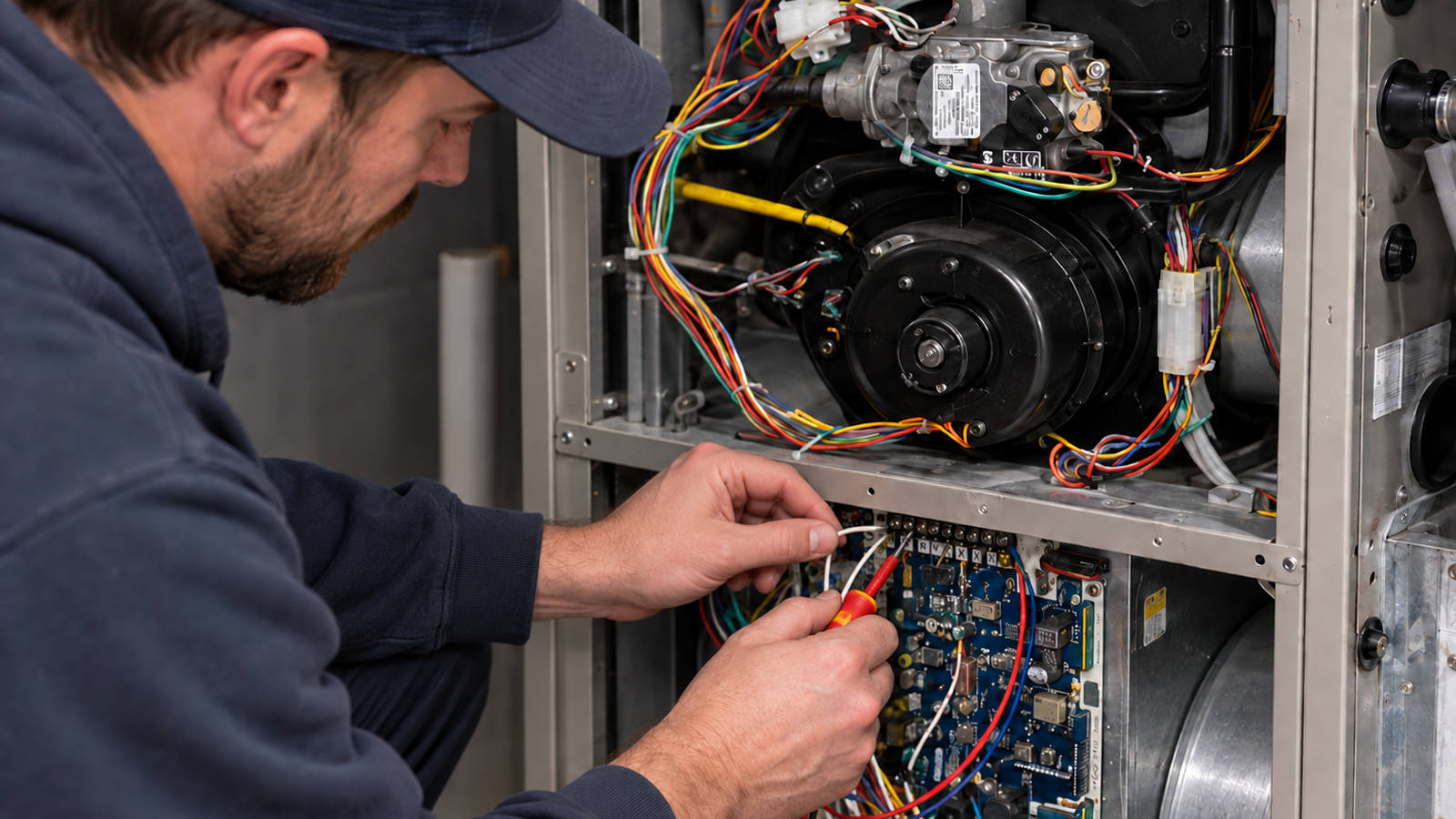 An HVAC technician inspecting control board wiring and electrical components during a furnace tune up.