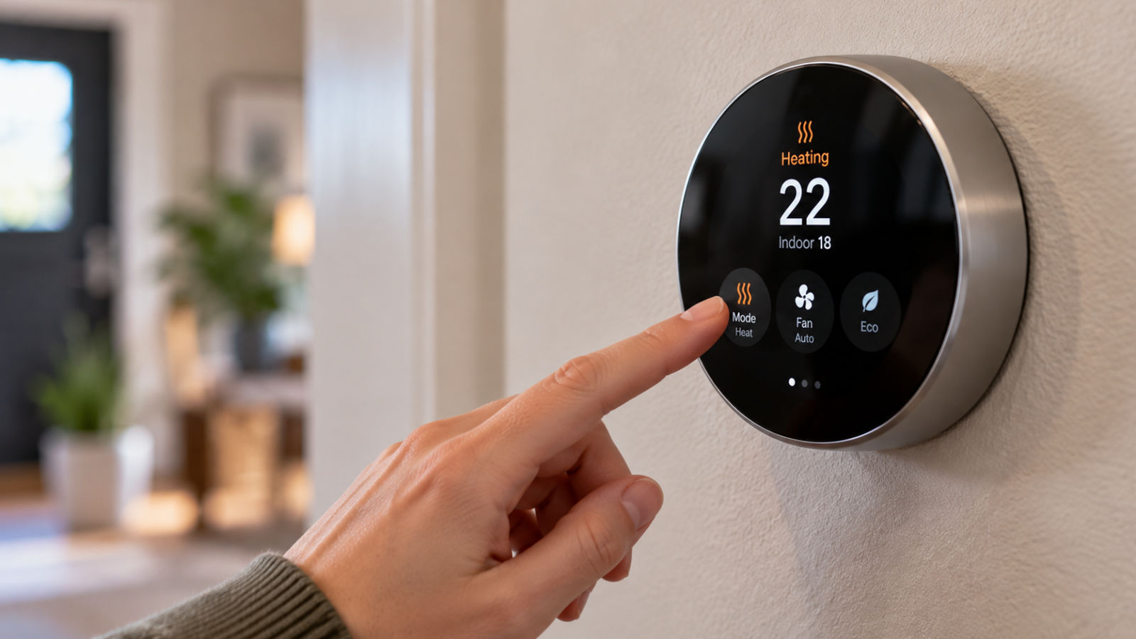 Person adjusting a digital smart thermostat mounted on a wall to turn on the home heating mode.