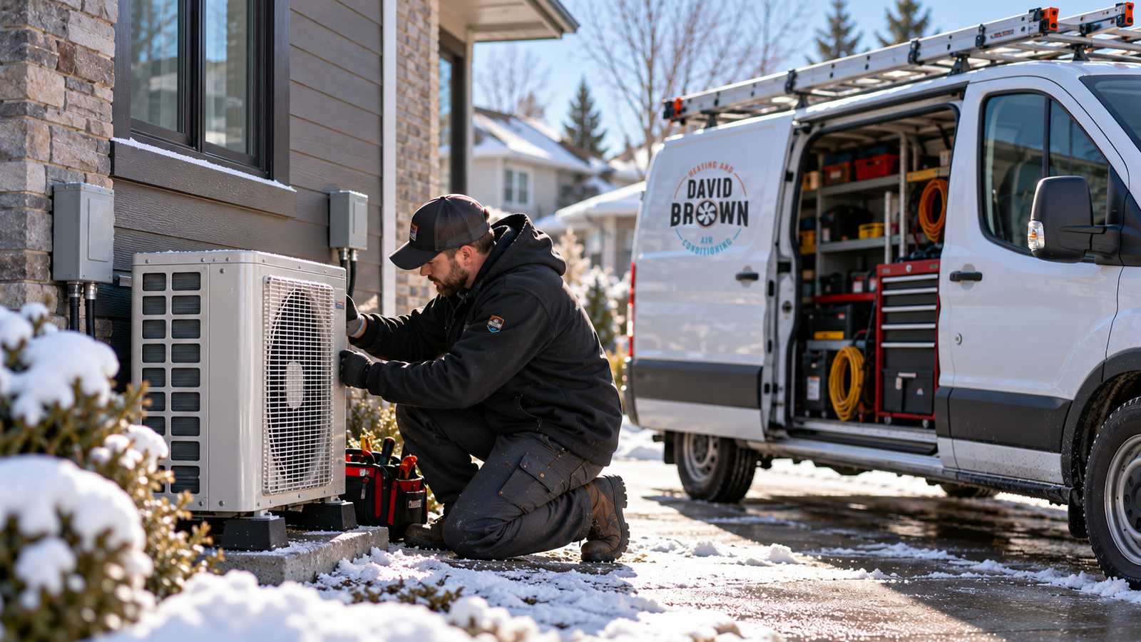 Dave Brown Heating & Cooling technician inspecting an outdoor heat pump unit on a snowy winter day.