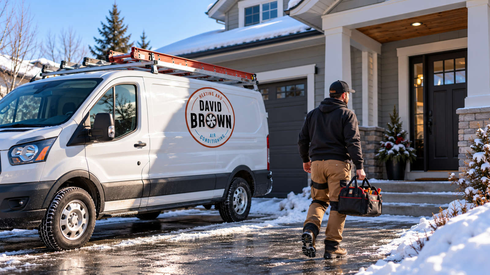 David Brown Heating and Air Conditioning service van parked in a snowy driveway while a technician carrying a tool bag walks up to the home entrance.