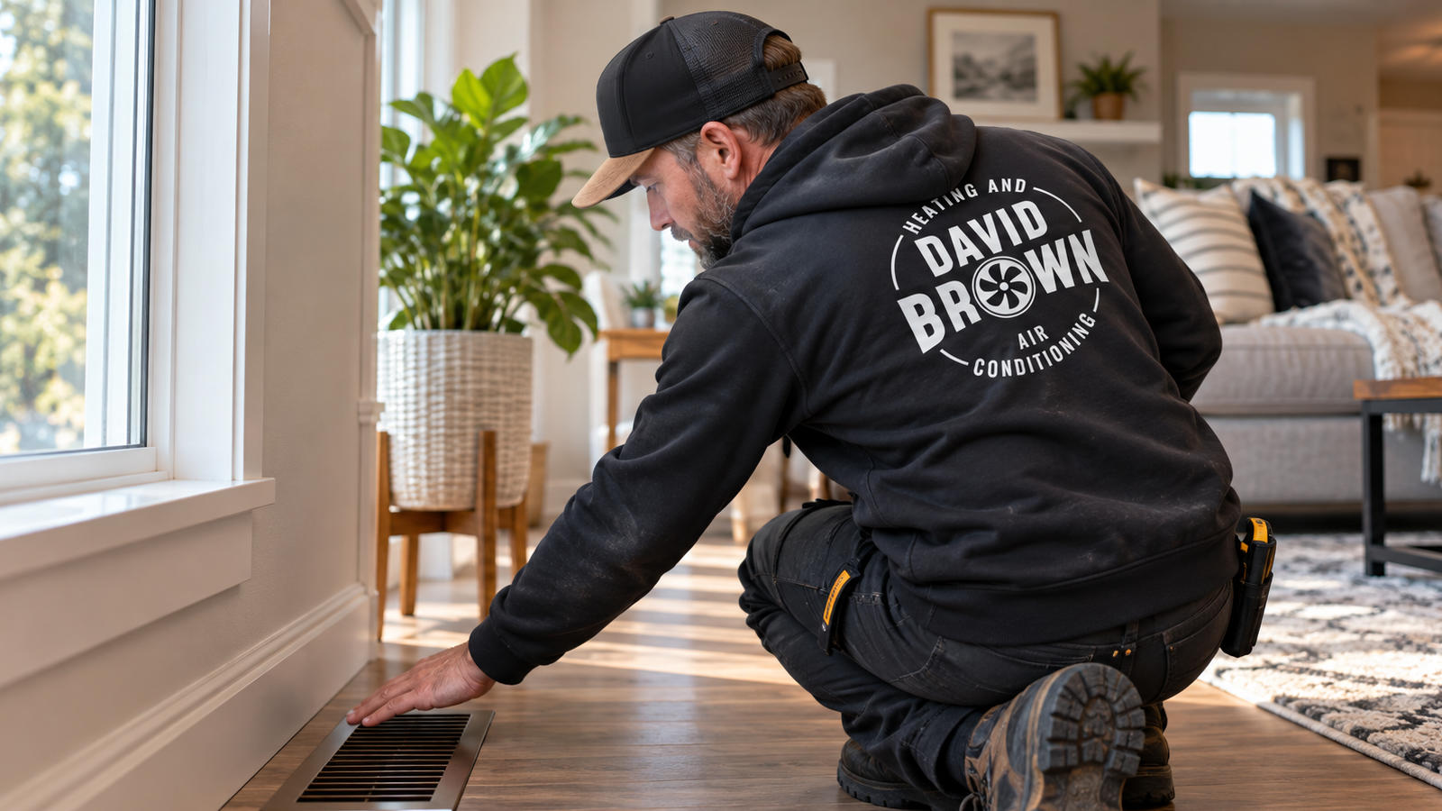 David Brown Heating and Air Conditioning technician kneeling on the floor to check airflow coming from a home heat register vent.