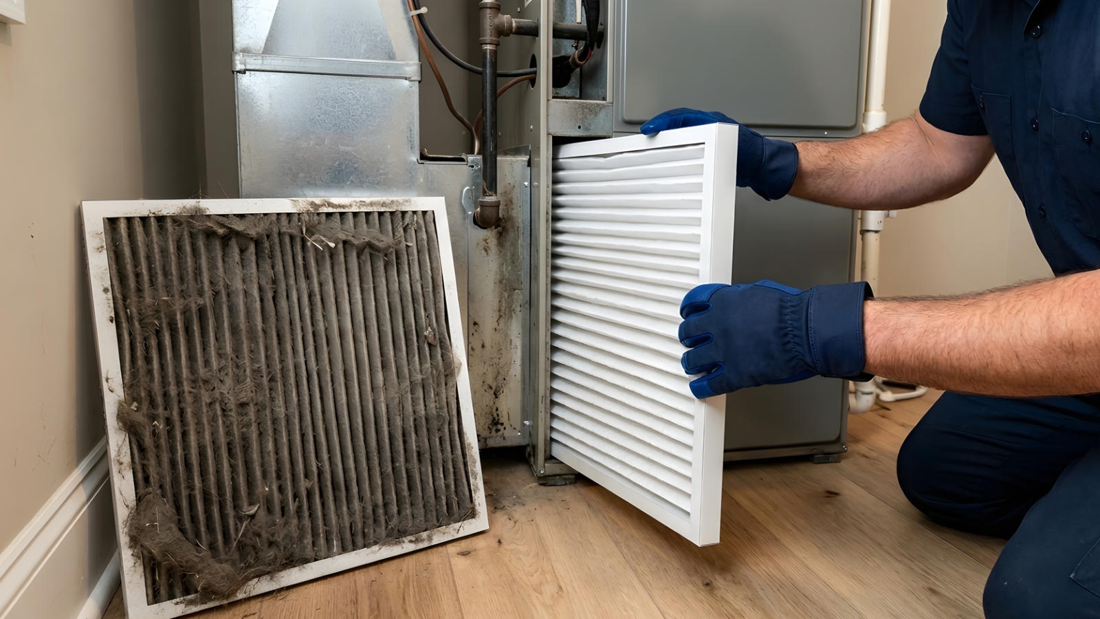 HVAC technician replacing a dirty, dusty furnace filter with a clean white pleated air filter next to an open furnace unit.