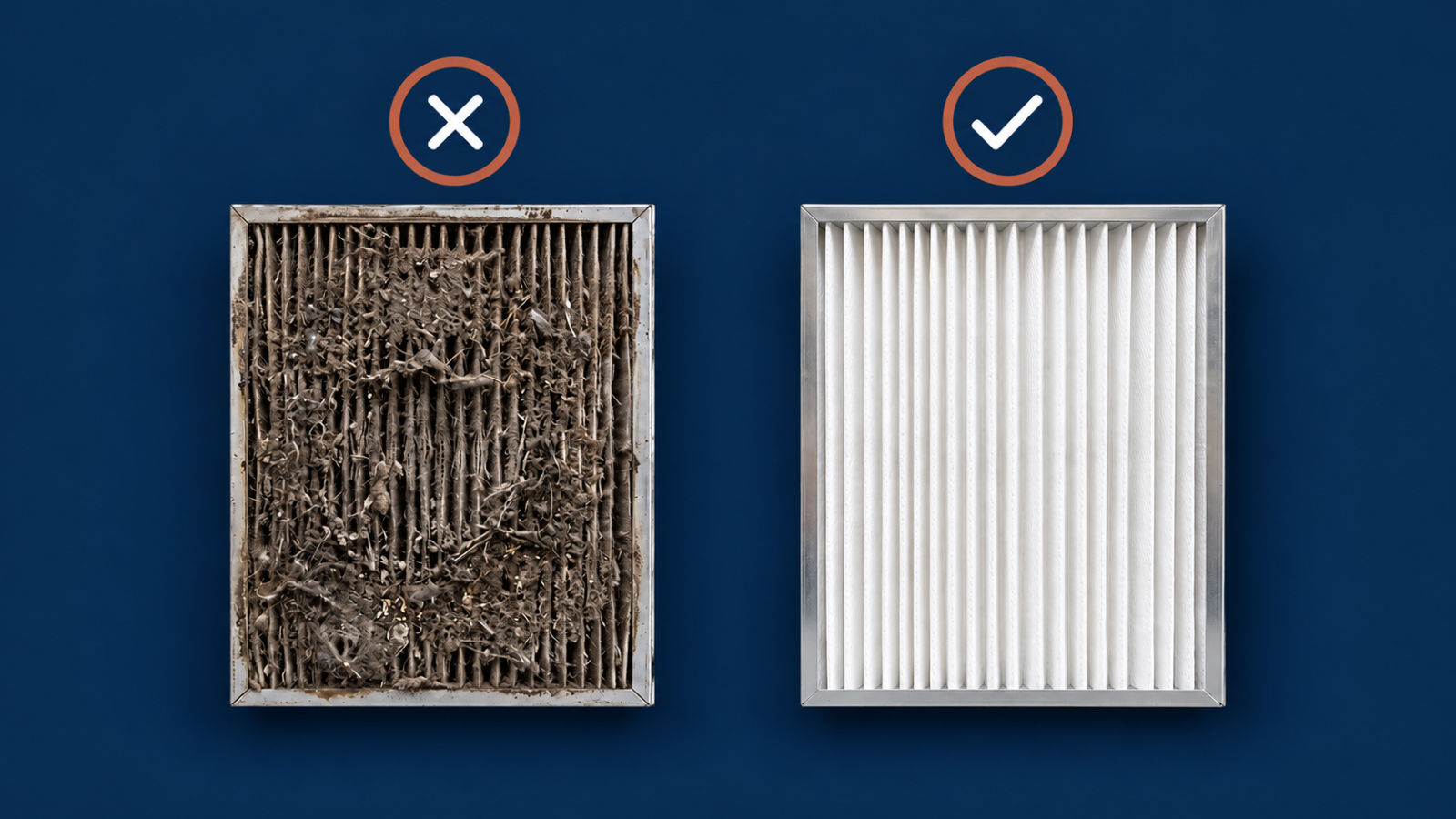 Comparison of a dirty, clogged HVAC air filter next to a clean, new replacement air filter.