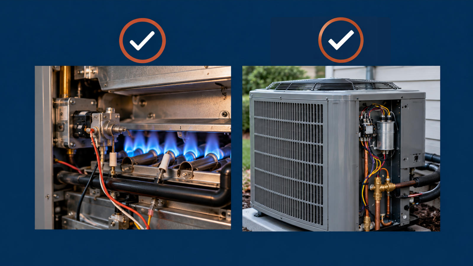 Inspection view of active blue furnace burner flames alongside open panel testing on an outdoor air conditioning unit.