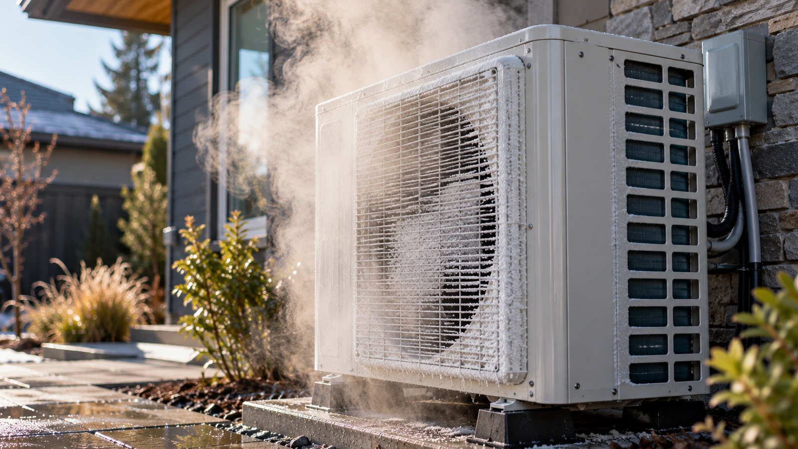 Frosty outdoor heat pump unit releasing steam during an automatic winter defrost cycle.