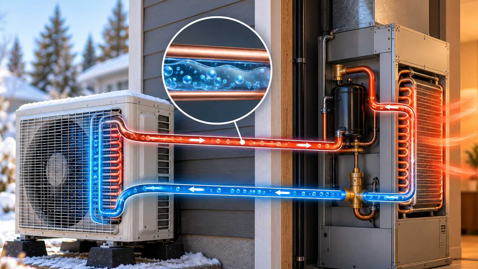 Diagram illustrating heat pump refrigerant lines circulating heat between the outdoor unit and indoor heating system.