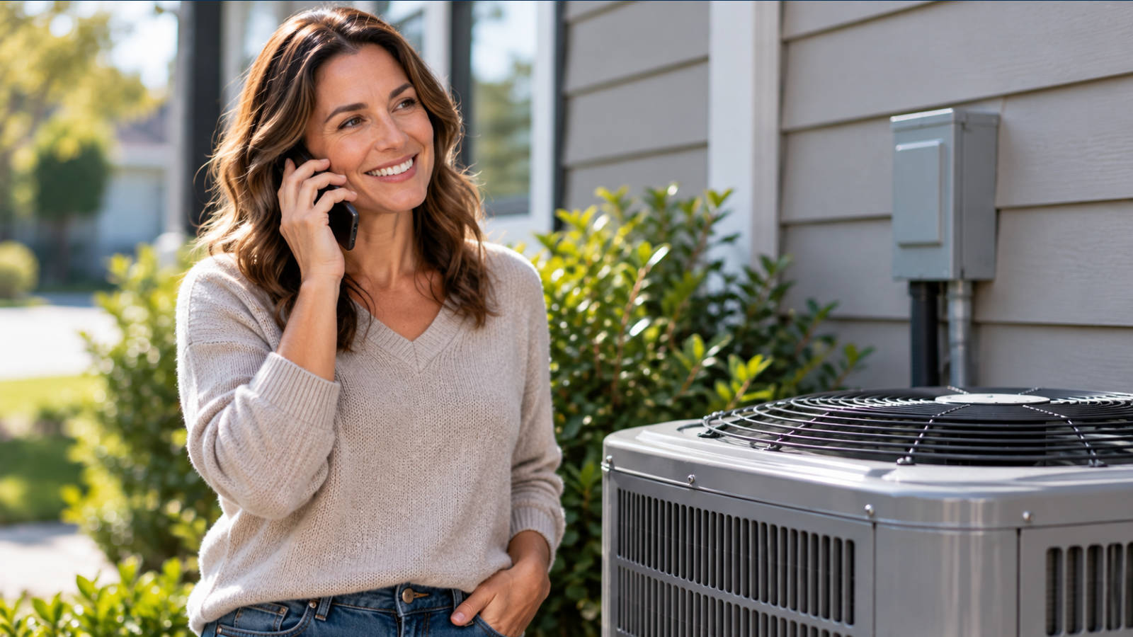 Smiling homeowner standing outside talking on the phone next to an outdoor air conditioner unit.