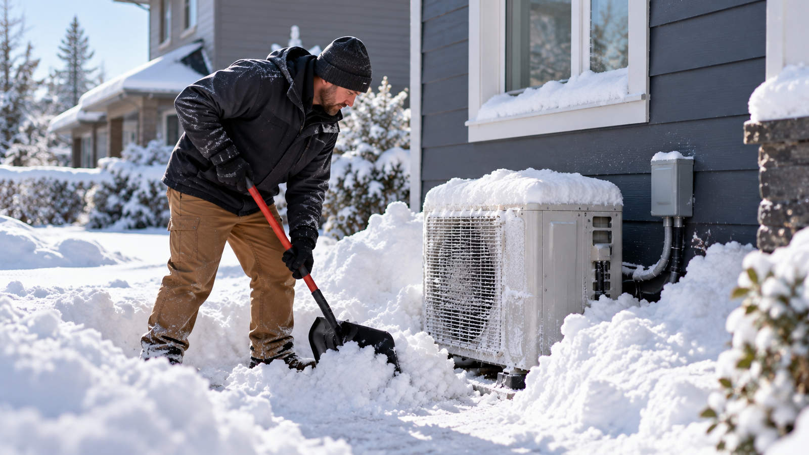 Homeowner using a shovel to carefully clear heavy snow away from an outdoor heat pump unit to maintain airflow.