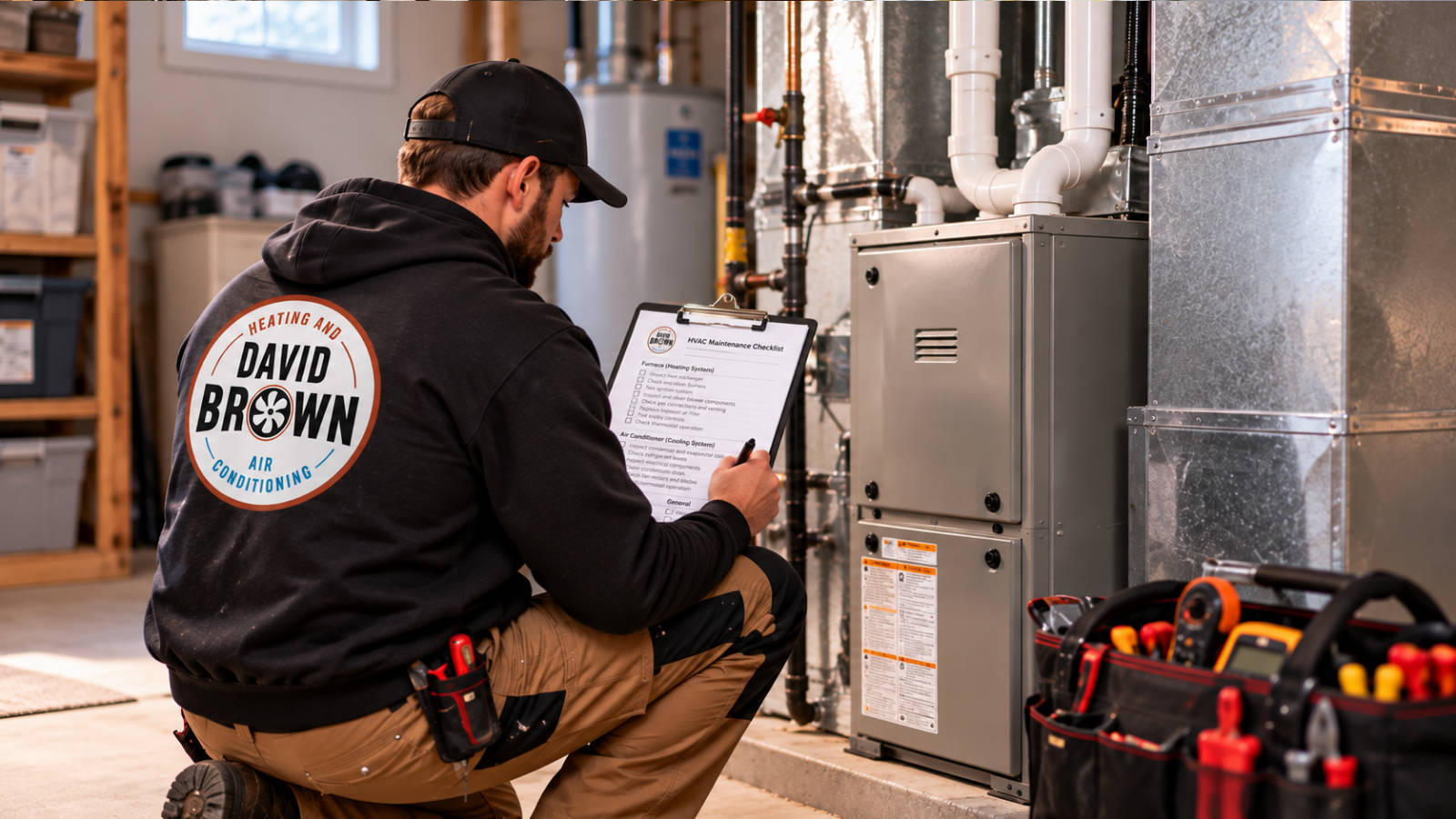 hvac-maintenance-plan-checklist-technician David Brown Heating & Cooling technician reviewing an HVAC maintenance plan checklist in front of a home furnace.