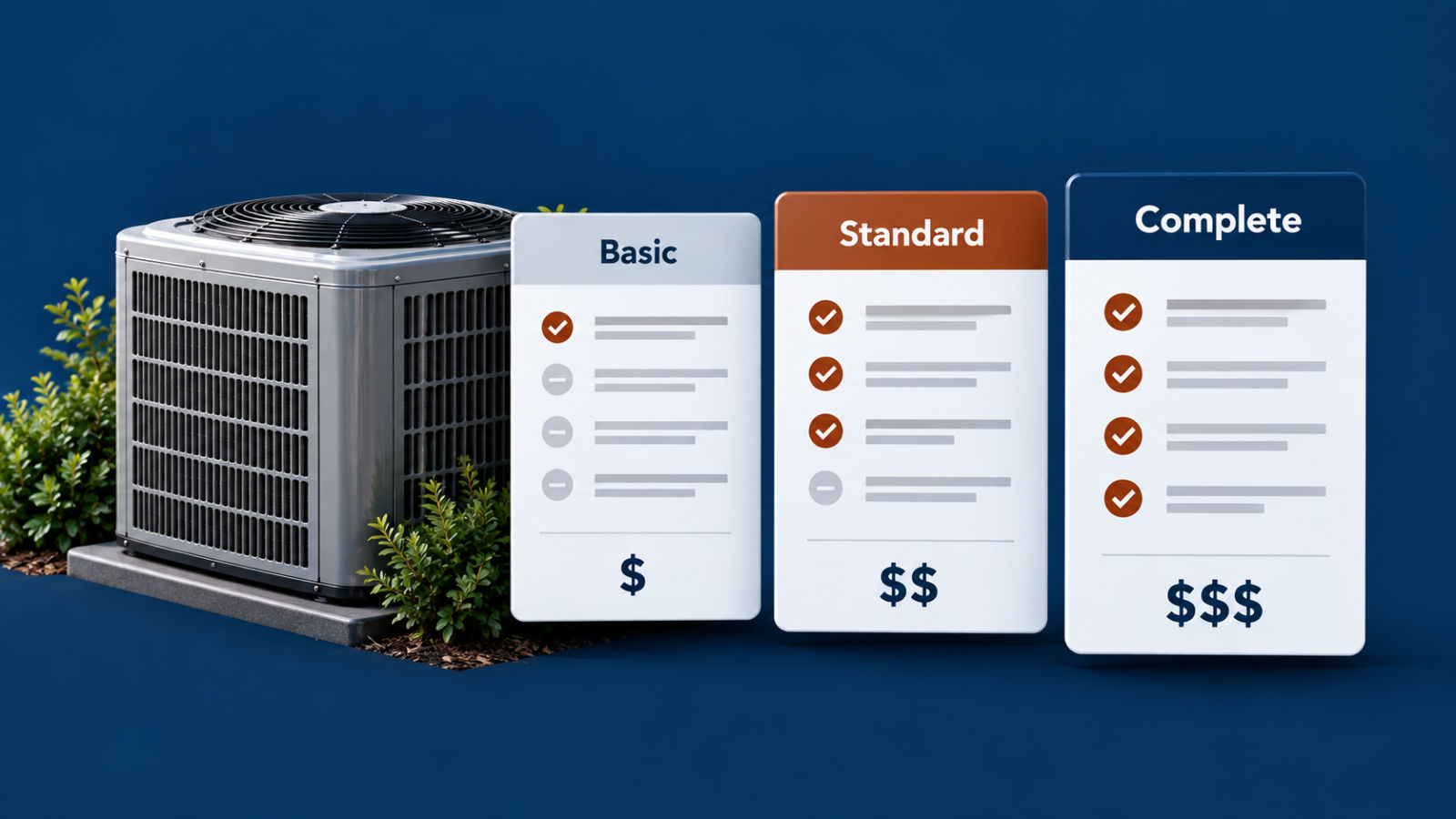 Graphic displaying Basic, Standard, and Complete HVAC maintenance plan tier options next to an outdoor AC unit.