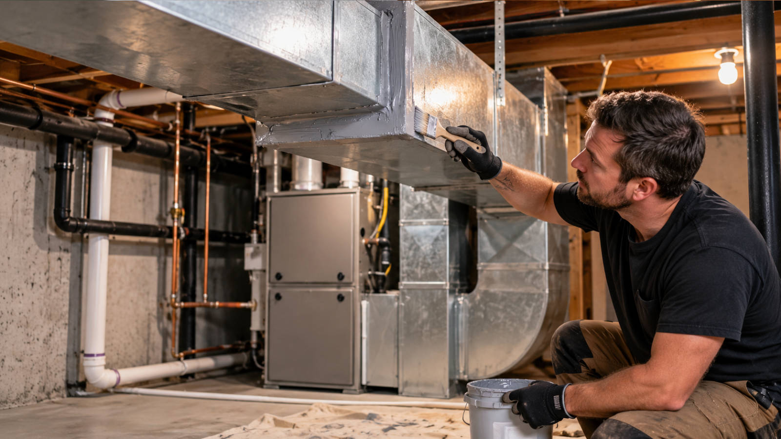 Technician applying mastic sealant with a brush to metal ductwork in a basement near a home furnace.
