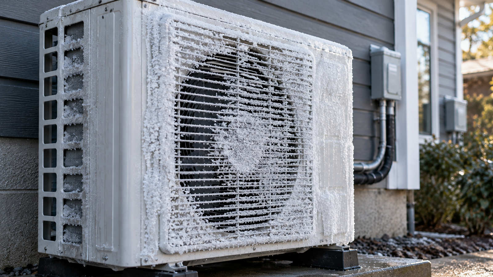outdoor-heat-pump-covered-in-frost-winter Outdoor heat pump unit covered in a thin layer of white frost during winter.