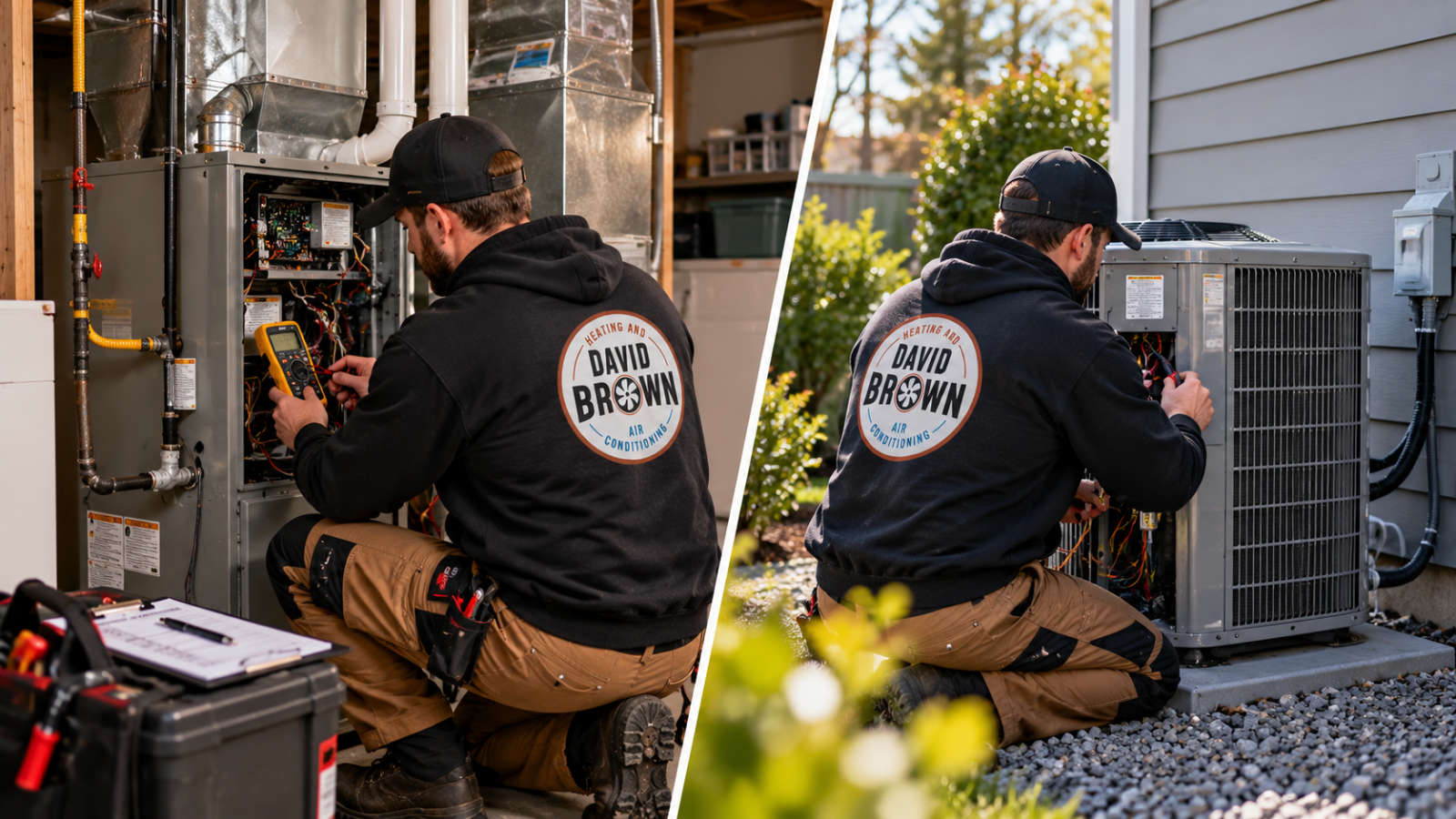 Split-screen showing a David Brown Heating & Cooling technician servicing a furnace on the left and an air conditioner on the right.