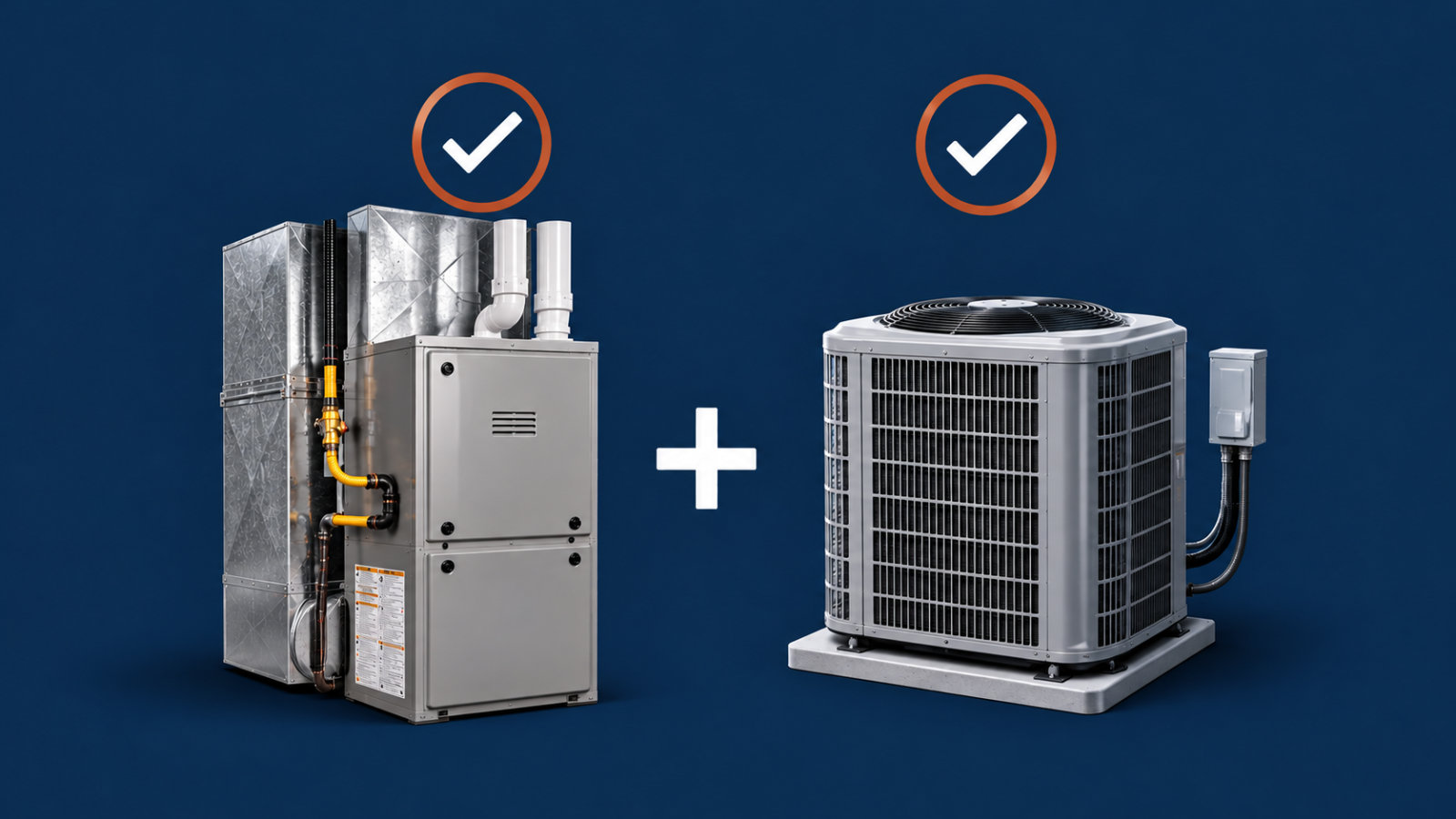 Graphic showing an indoor gas furnace and outdoor air conditioner unit marked with checkmarks for seasonal HVAC maintenance.