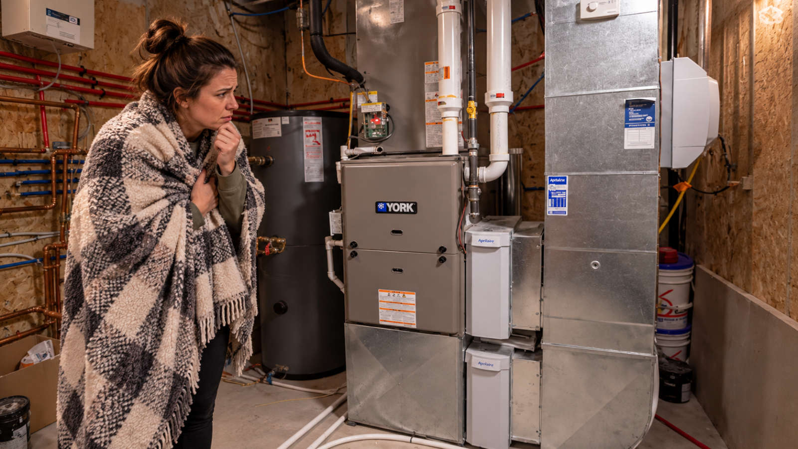 Cold homeowner wrapped in a blanket standing next to a York furnace in a basement utility room, looking concerned about her heating system.