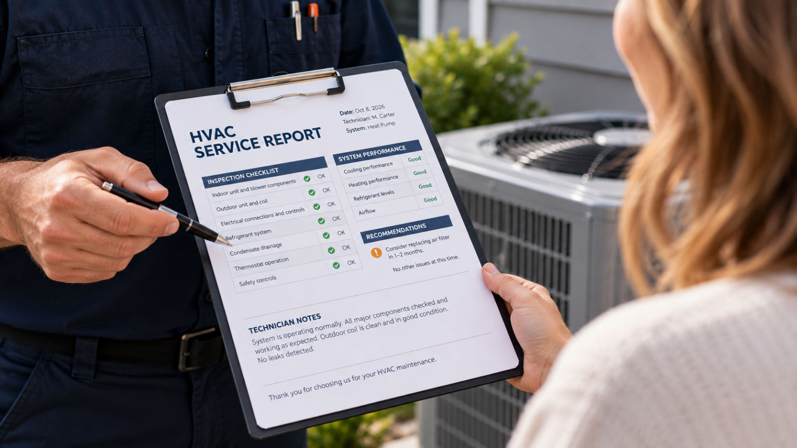 HVAC technician handing a detailed written service report checklist to a homeowner next to an air conditioner unit.